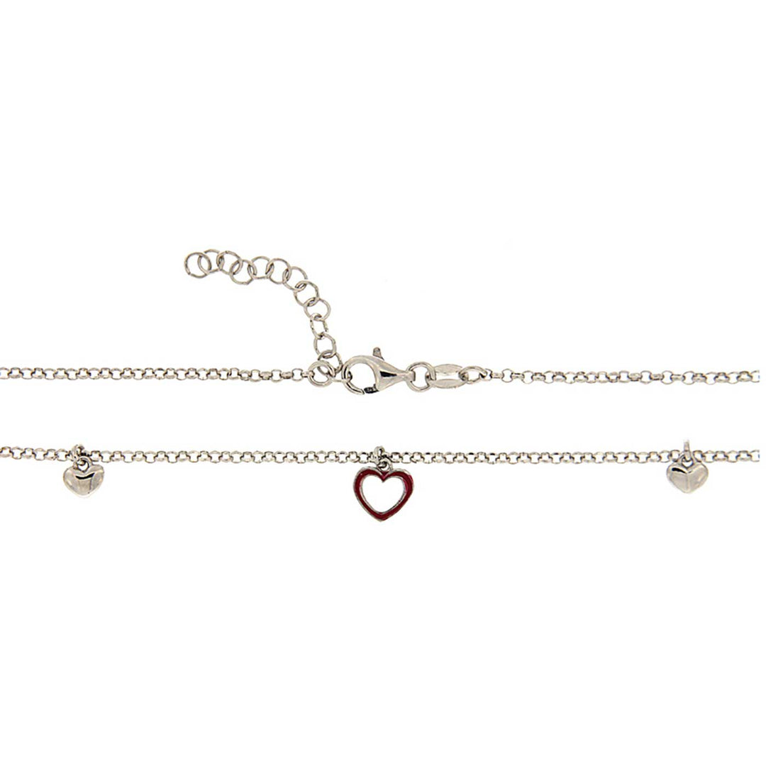 Fußkette Herzen tlw. rot gelackt, 24-27 cm, Sterlingsilber