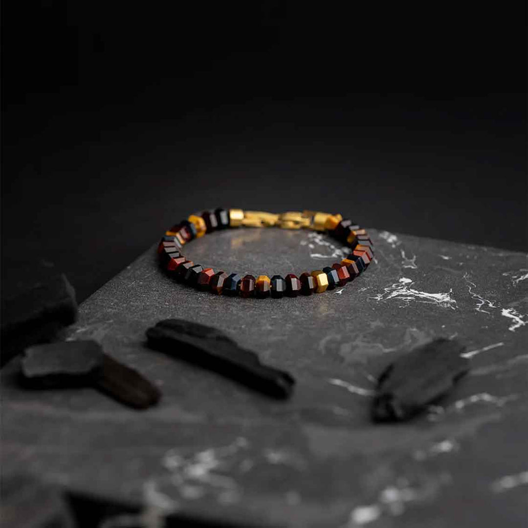 Armband Tigerauge hangeschliffen, 18K vergoldet, Männer