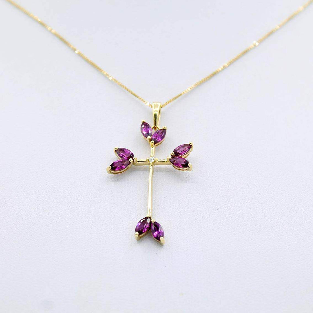 Kreuzanhänger Gelbgold, Venezianerkette, Rhodolith - My Fine Jewellery