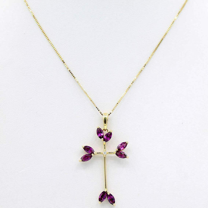 Kreuzanhänger Gelbgold, Venezianerkette, Rhodolith - My Fine Jewellery